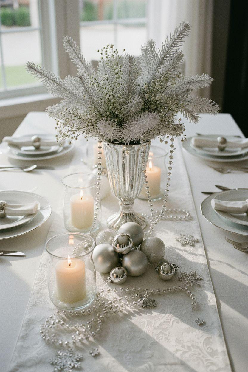 Holiday centerpieces for tables with white and silver winter theme