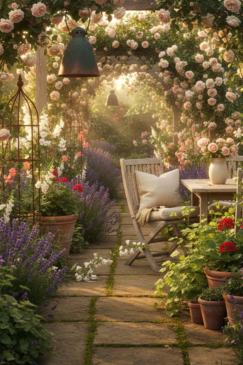 Cottage Garden path at golden hour with copper accent