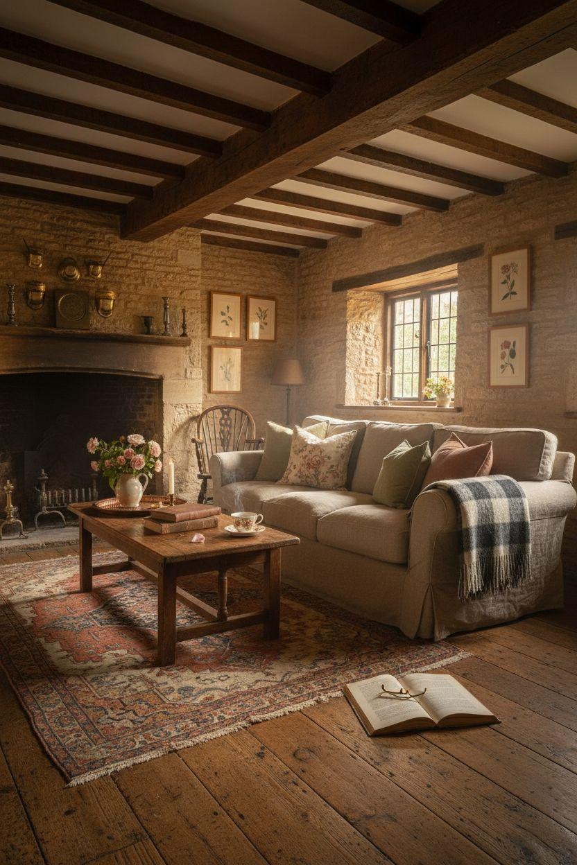 English Cottage Style living room with layered textiles and vintage pieces