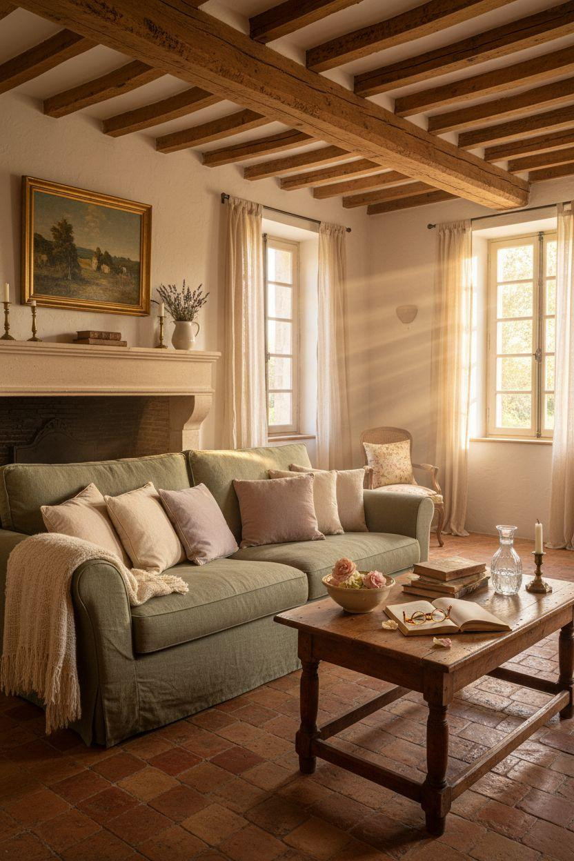 English Cottage Style French cottage with gilt frame and faded textiles