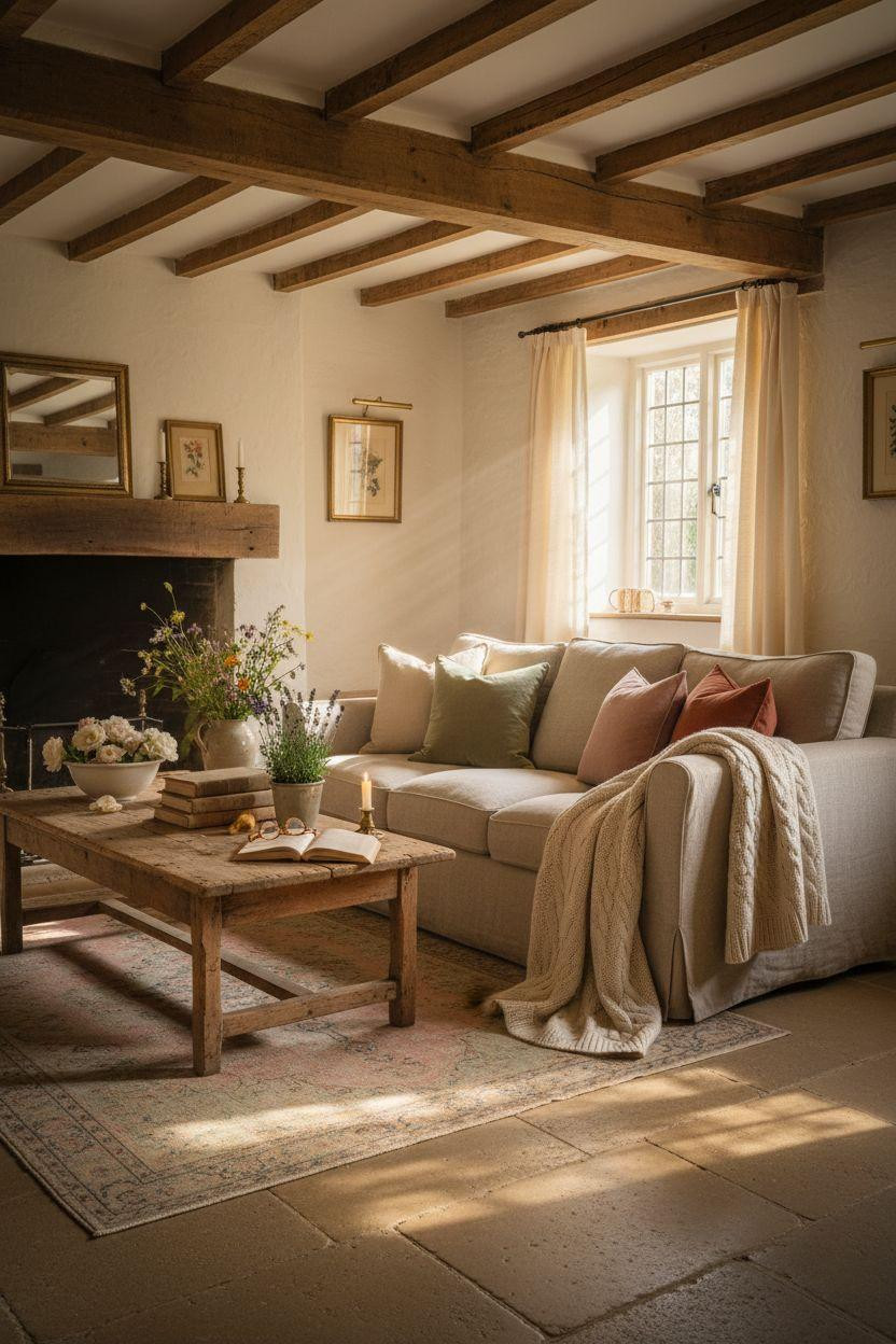English Cottage Style bright living room with natural light