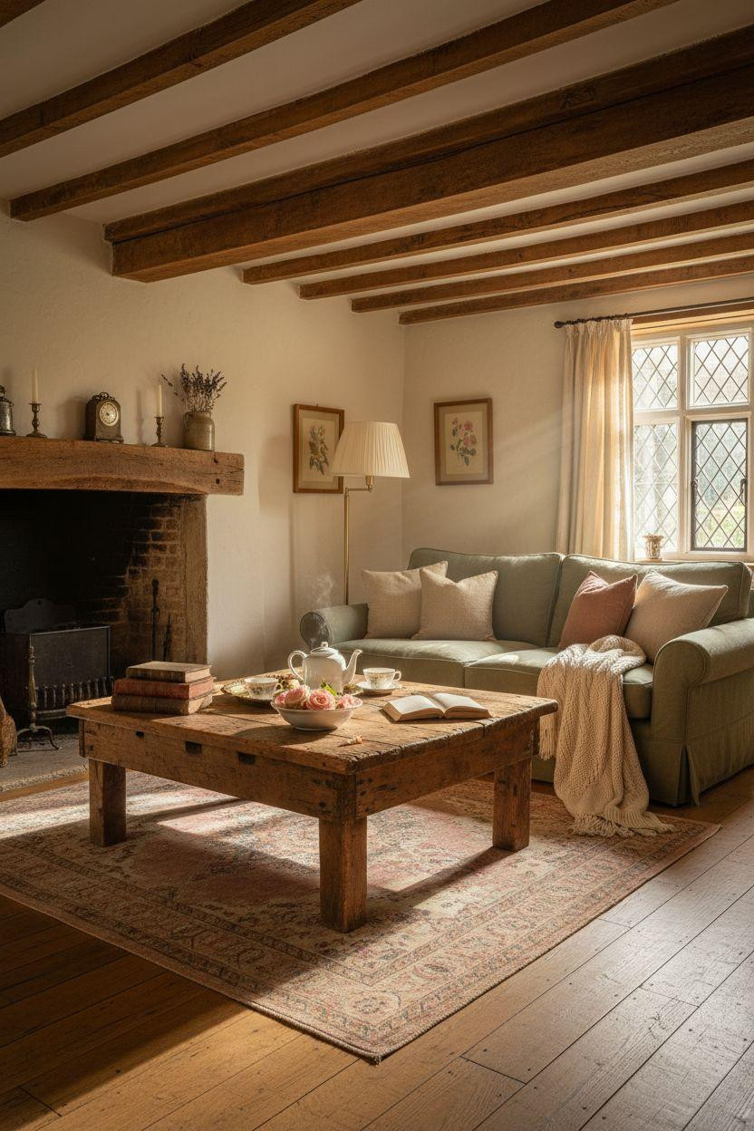 English Cottage Style living room featuring large oak coffee table