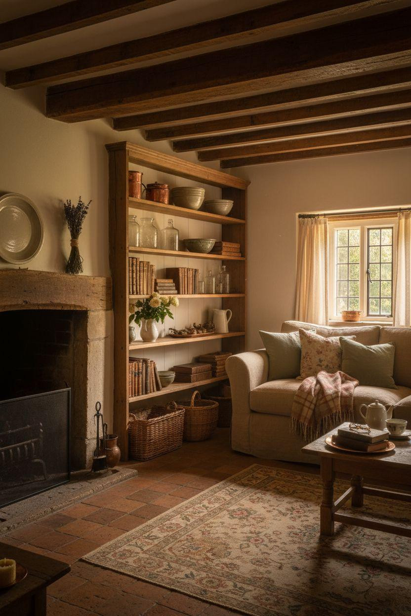 English Cottage Style living room with rustic shelving display