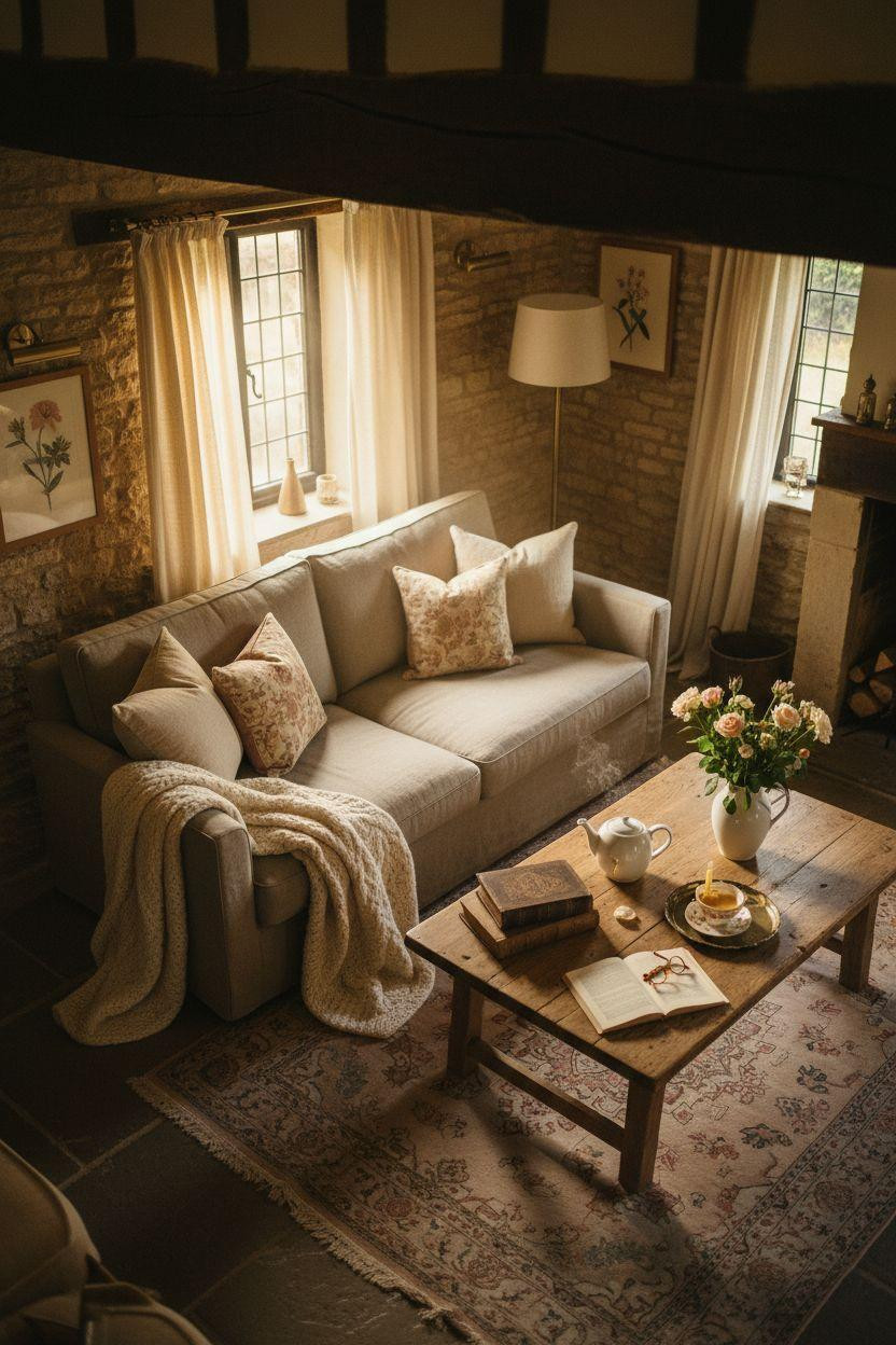 English Cottage Style living room with exposed beams and stone floors