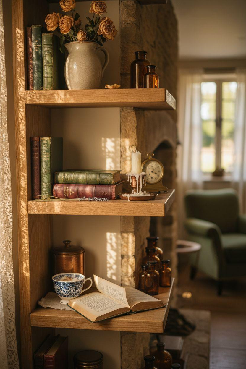 English Cottage Style detailed shelving display with ceramics and vintage books
