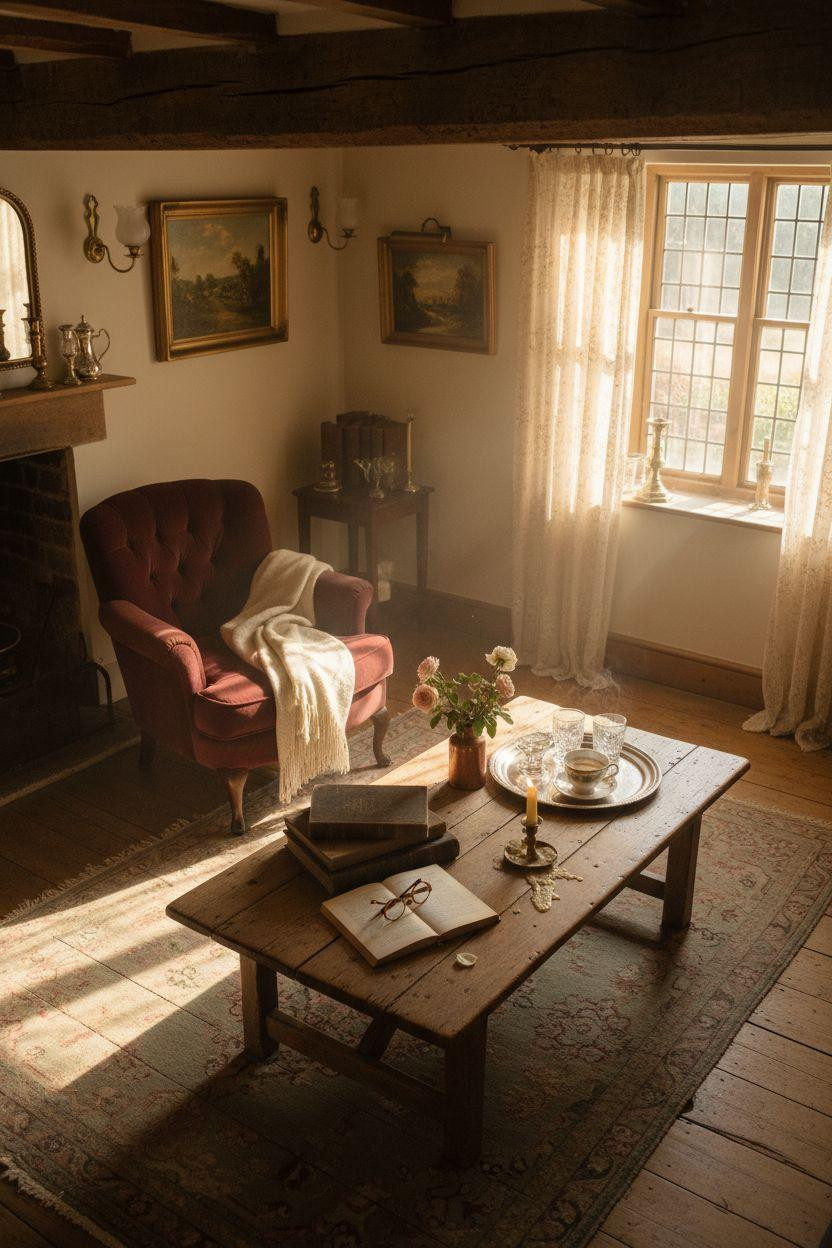 English Cottage Style coffee table styling with vintage books and roses