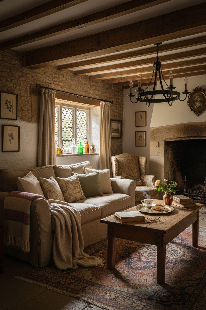 English Cottage Style living room with dramatic lighting and vintage details