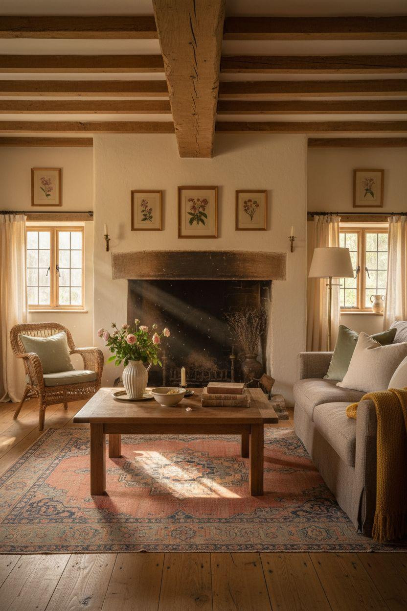 English Cottage Style renovated cottage with cream walls and rustic details