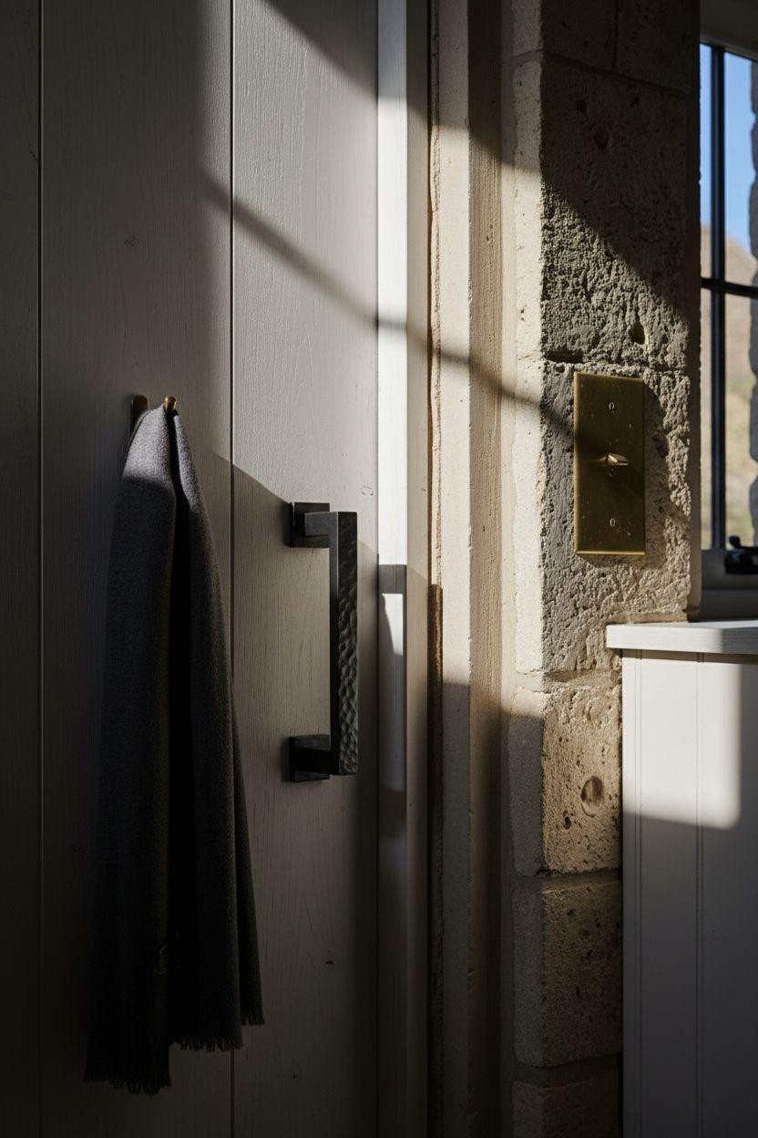 English Cottage Style modern hardware on weathered oak door