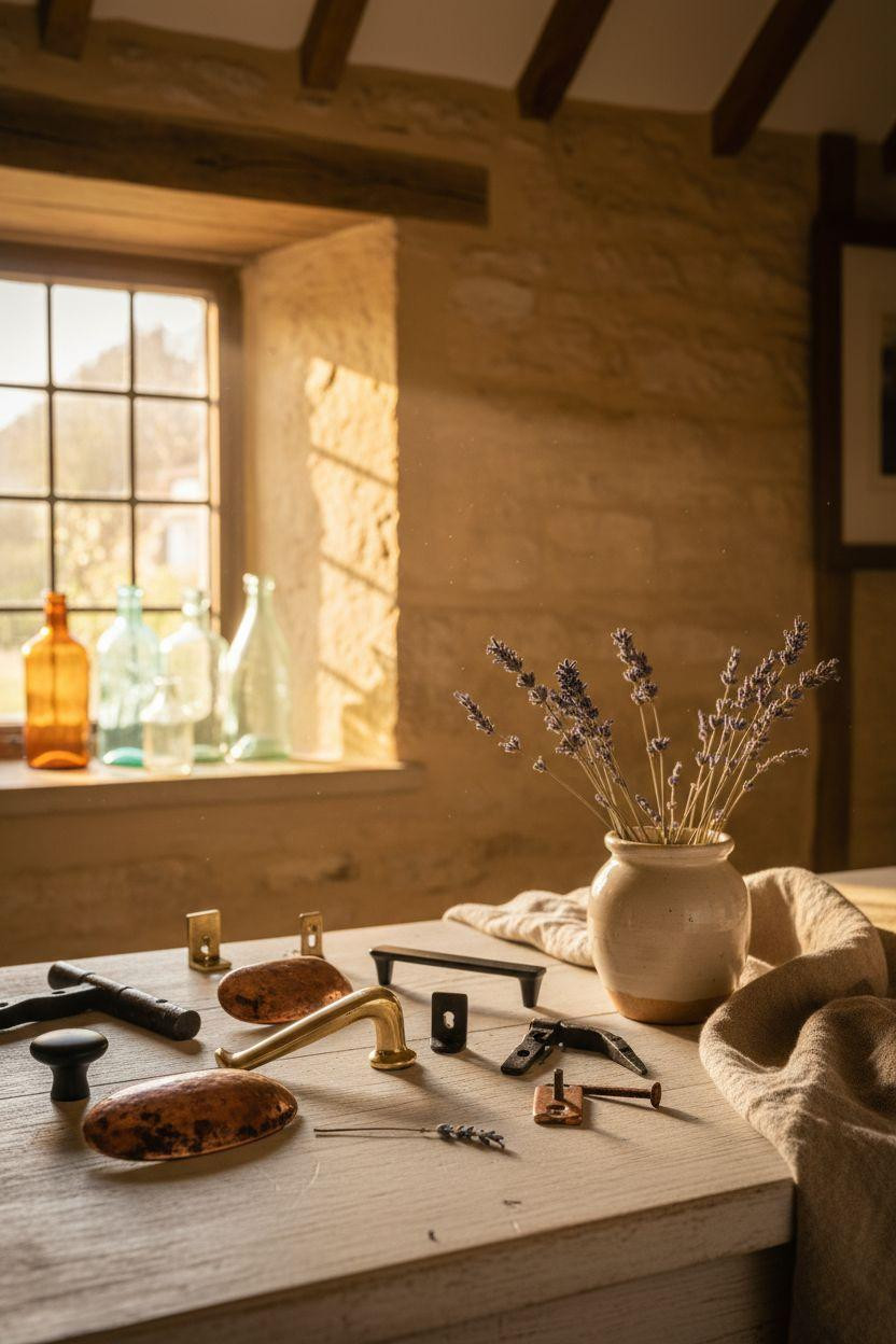 English Cottage Style close-up of vintage brass and copper hardware