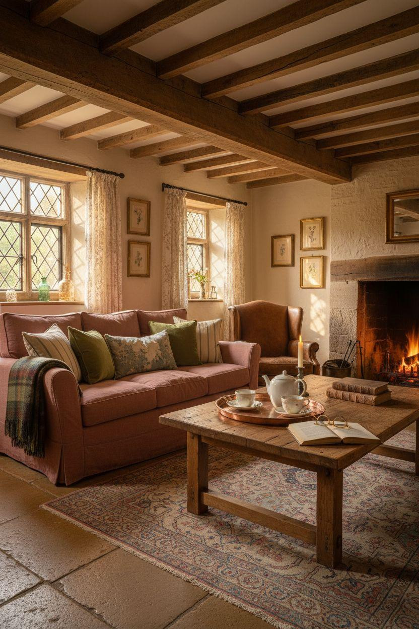 English Country House Interior - living room with stone fireplace and leather seating