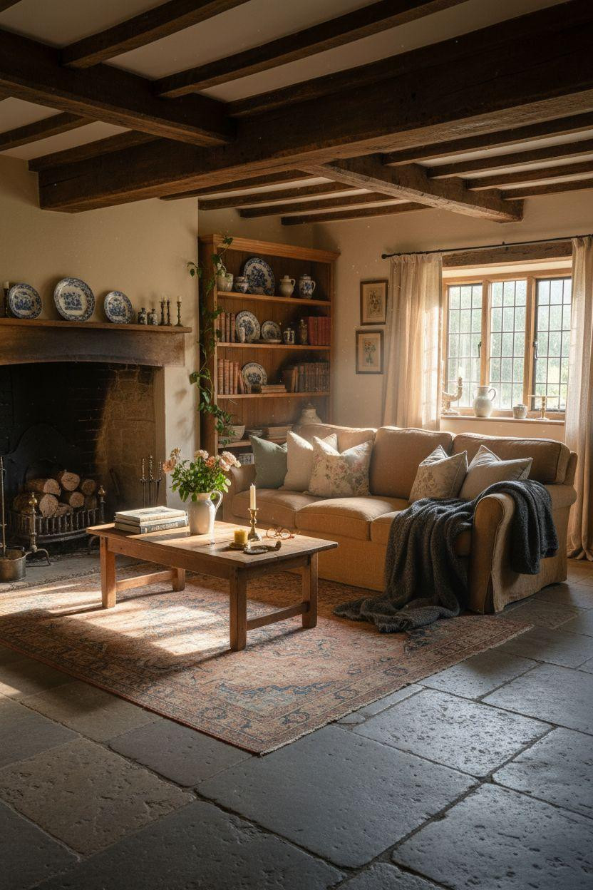 English Country House Interior - open shelving with vintage pottery display
