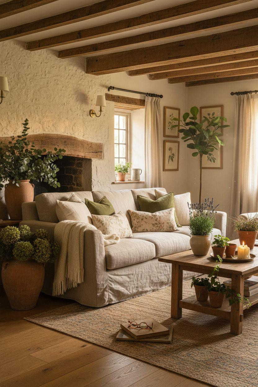 English Country House Interior - cottage living room with plants and greenery