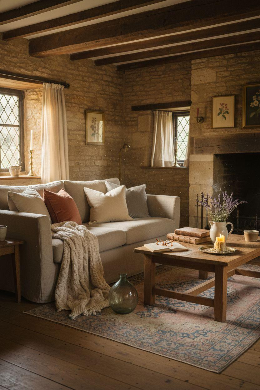 English Country House Interior - cozy cottage living room with stone walls