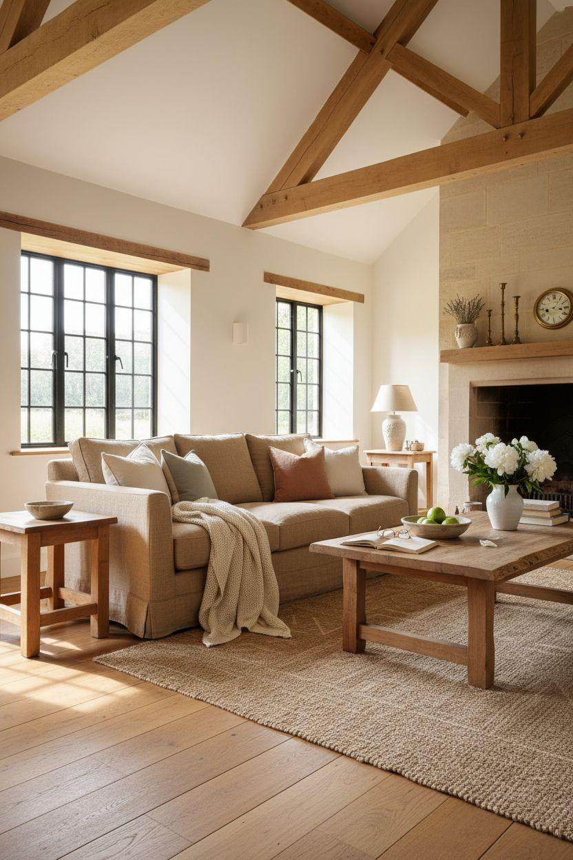 English Country House Interior - bright farmhouse living room with natural light