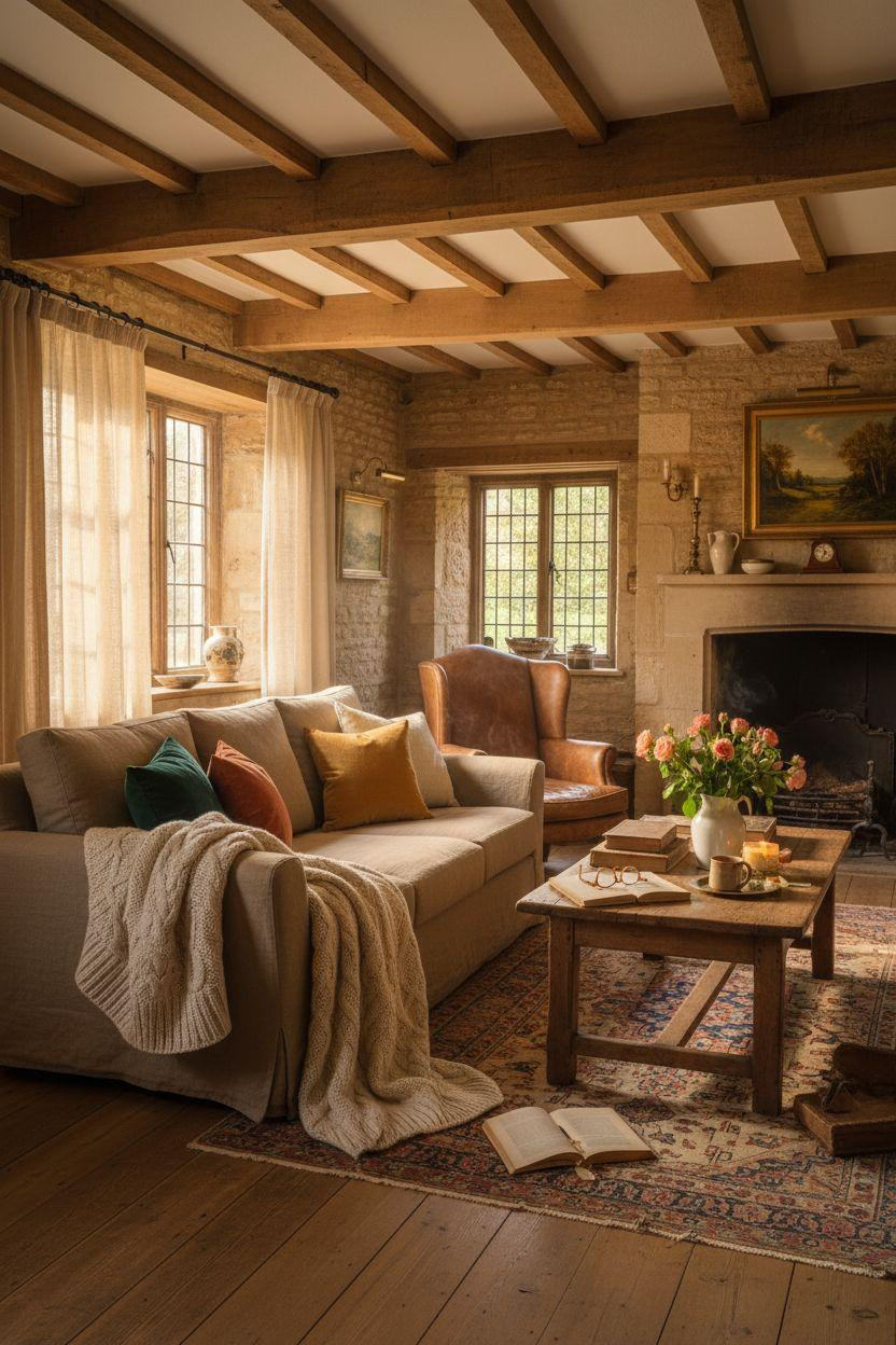 English Country House Interior - layered cushions with colorful accents