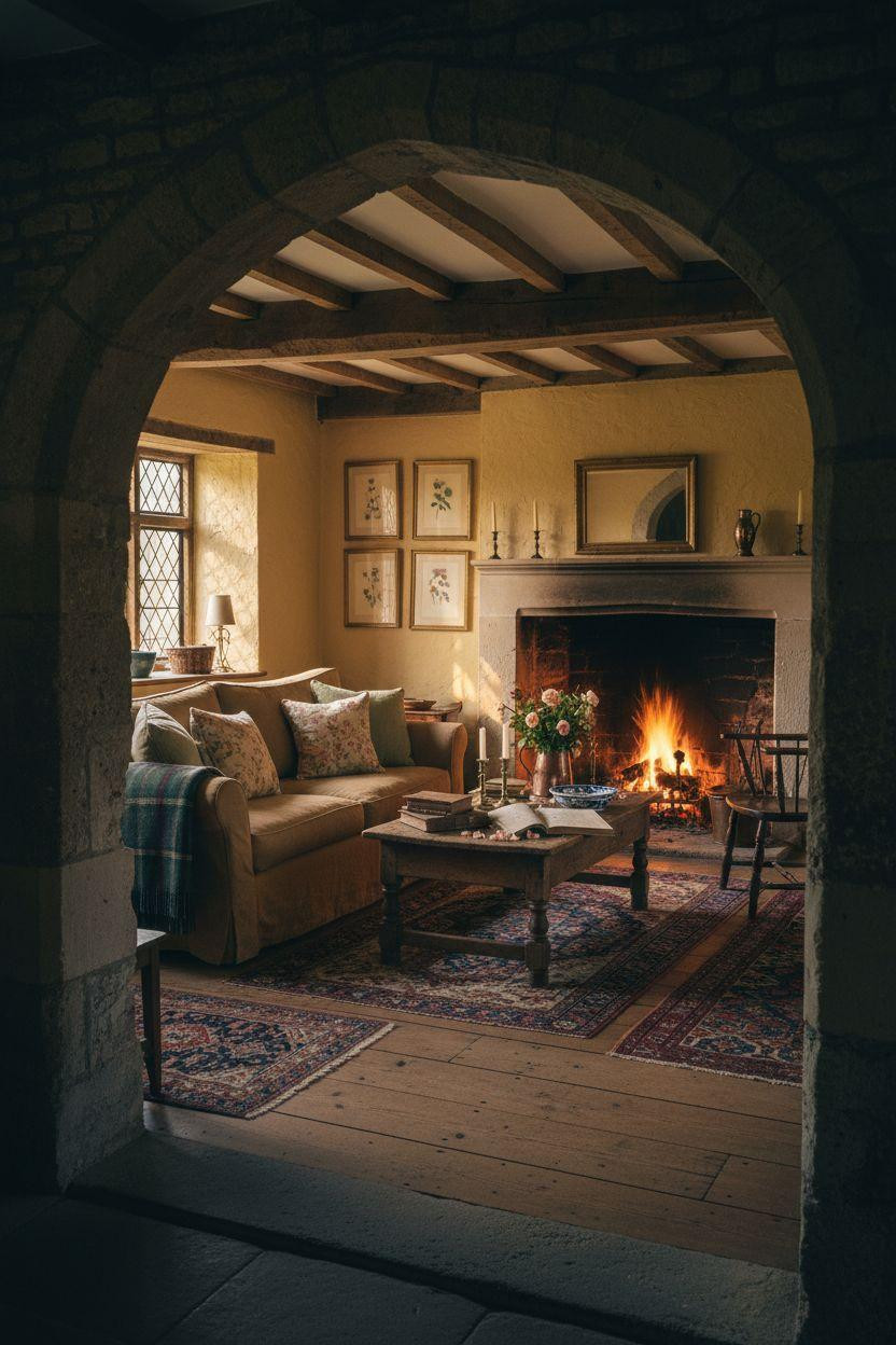 English Country House Interior - framed view with Persian rugs and warm paint