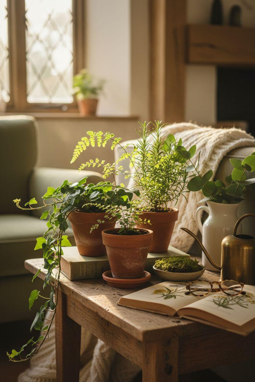 English Country House Interior - botanical styling with plants and vintage books