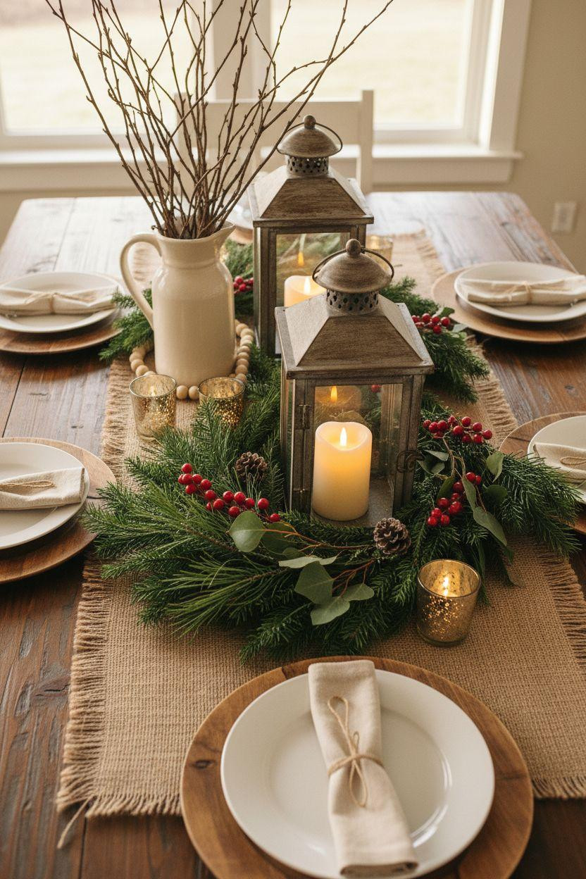 Holiday centerpieces for tables with farmhouse lanterns and plaid