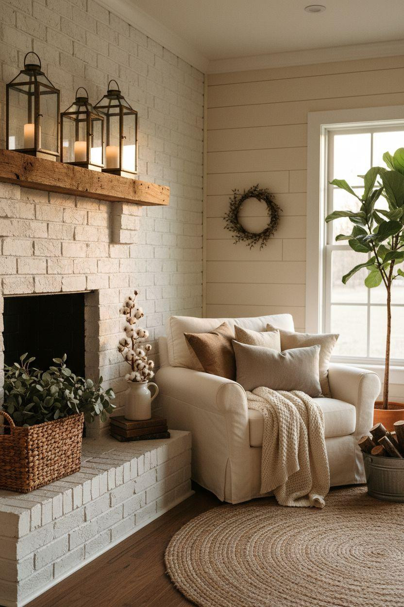 Corner Fireplace Living Room Layout with vintage whitewashed brick