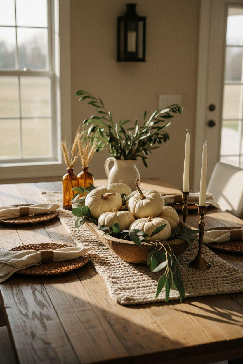 Dining room table centerpiece ideas for fall with pumpkins and wheat