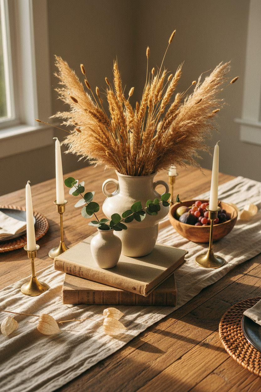 Dining room table centerpiece ideas using stacked books as base