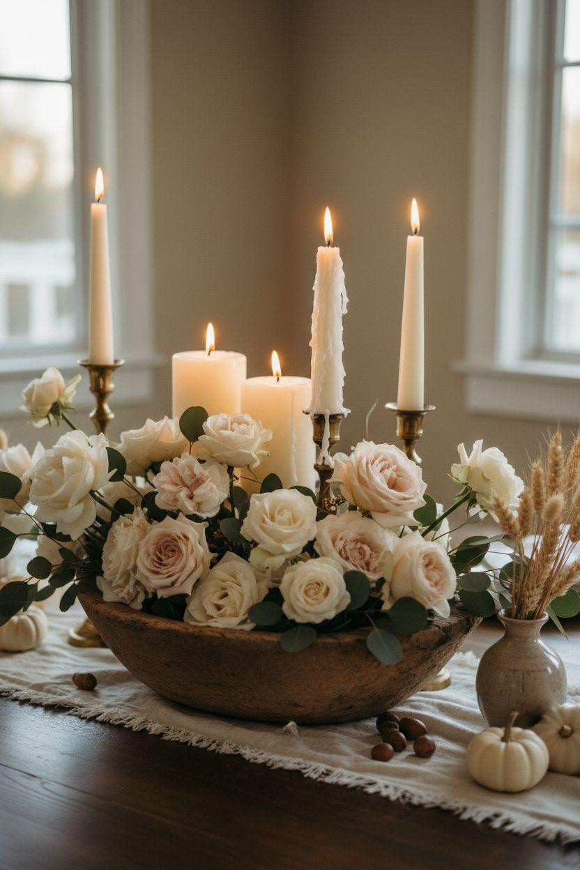 Dining room table centerpiece ideas featuring rustic dough bowl with roses