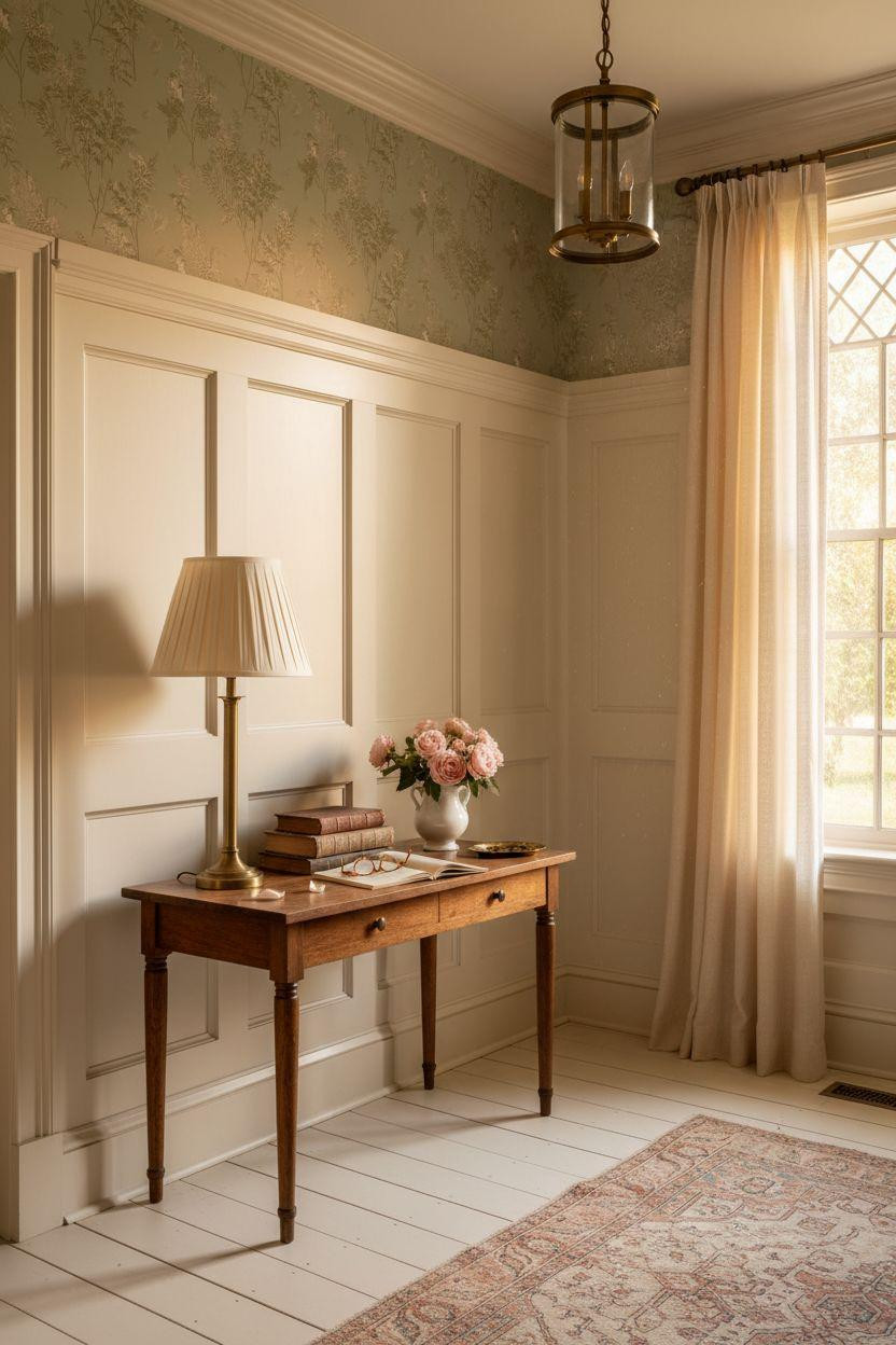 wainscoting styles - farmhouse with botanical wallpaper