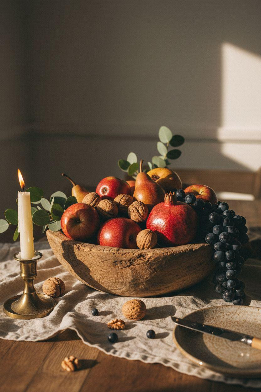 Dining room table centerpiece ideas with wooden bowl overflowing with fresh fruit
