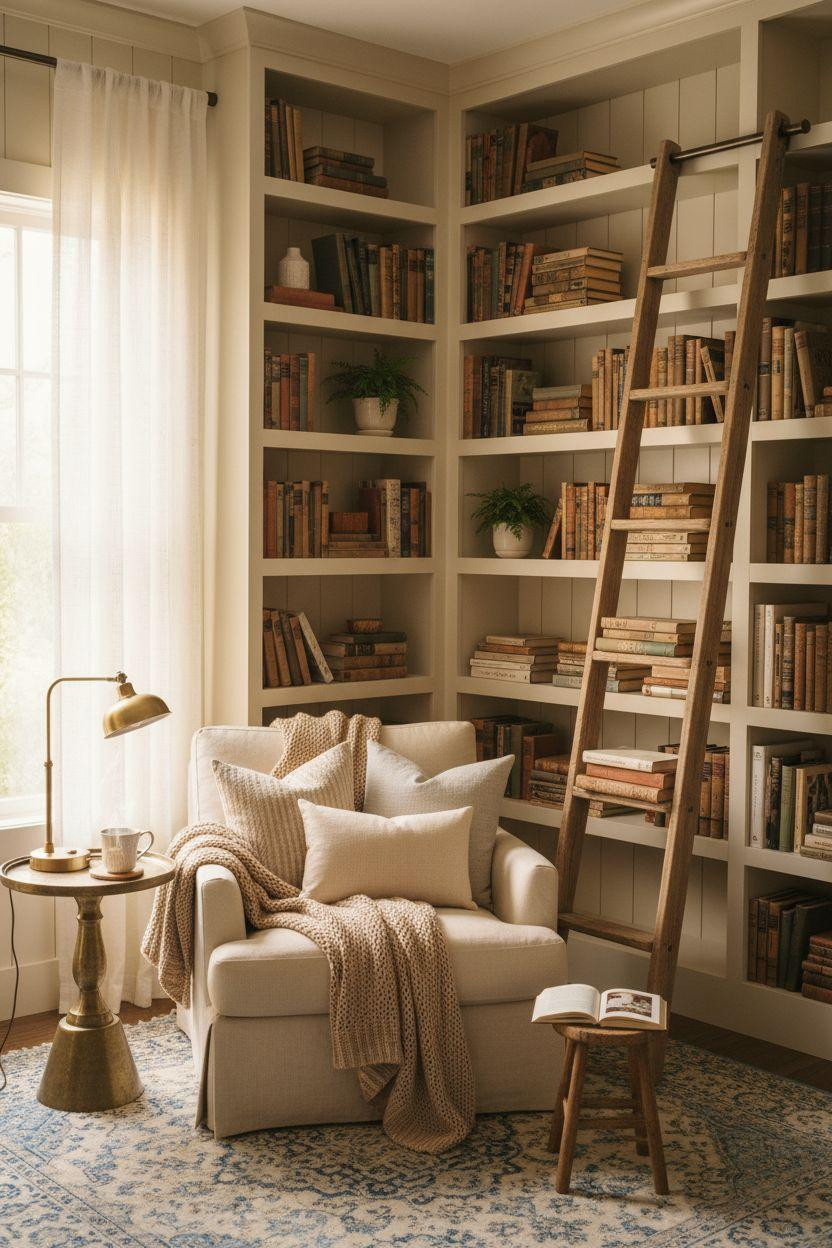 Small Home Library Ideas - farmhouse library with wooden ladder