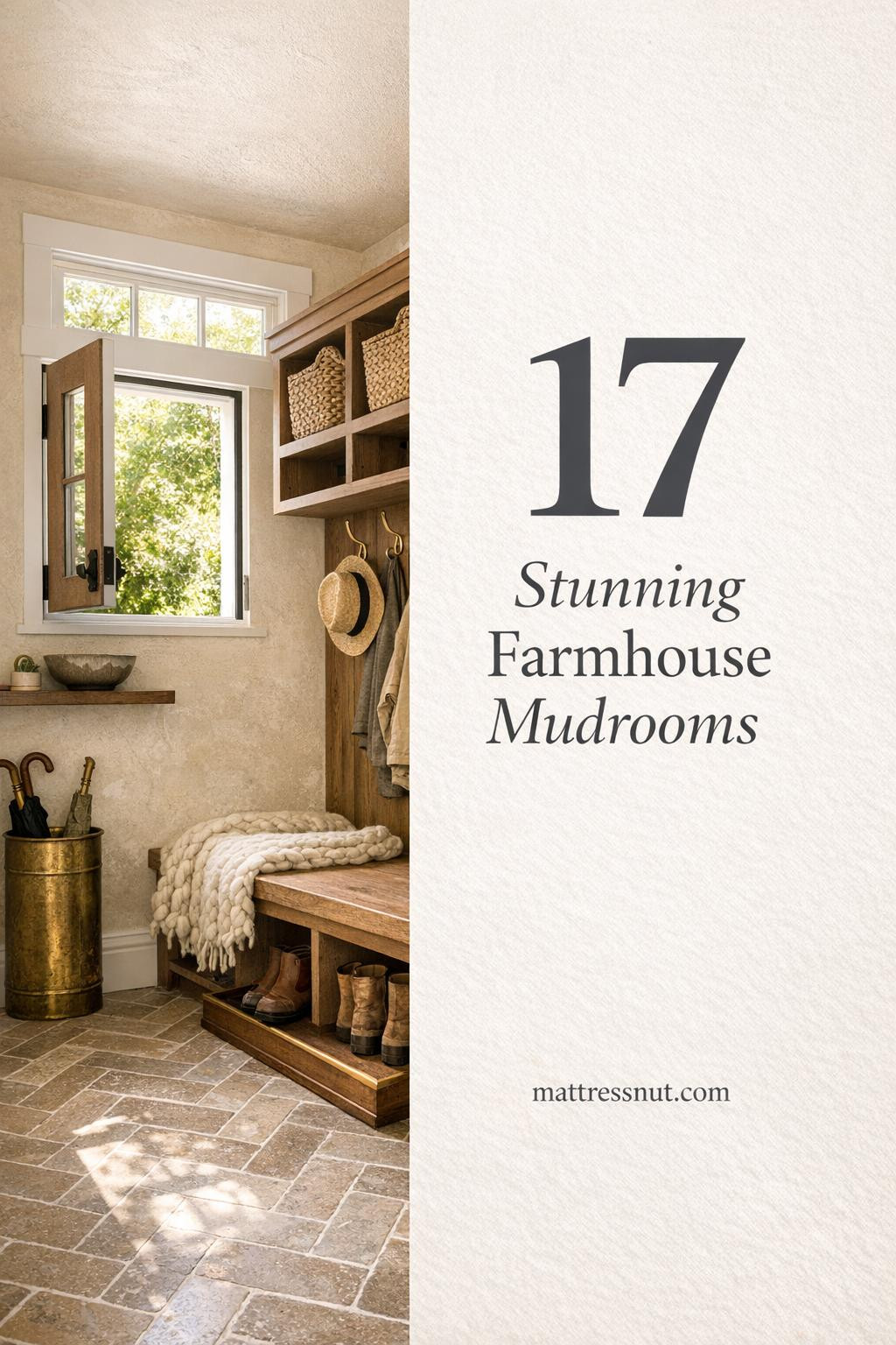 White oak bench with shaker cubbies, brass hooks, herringbone limestone floors, cream plaster walls, and jute baskets