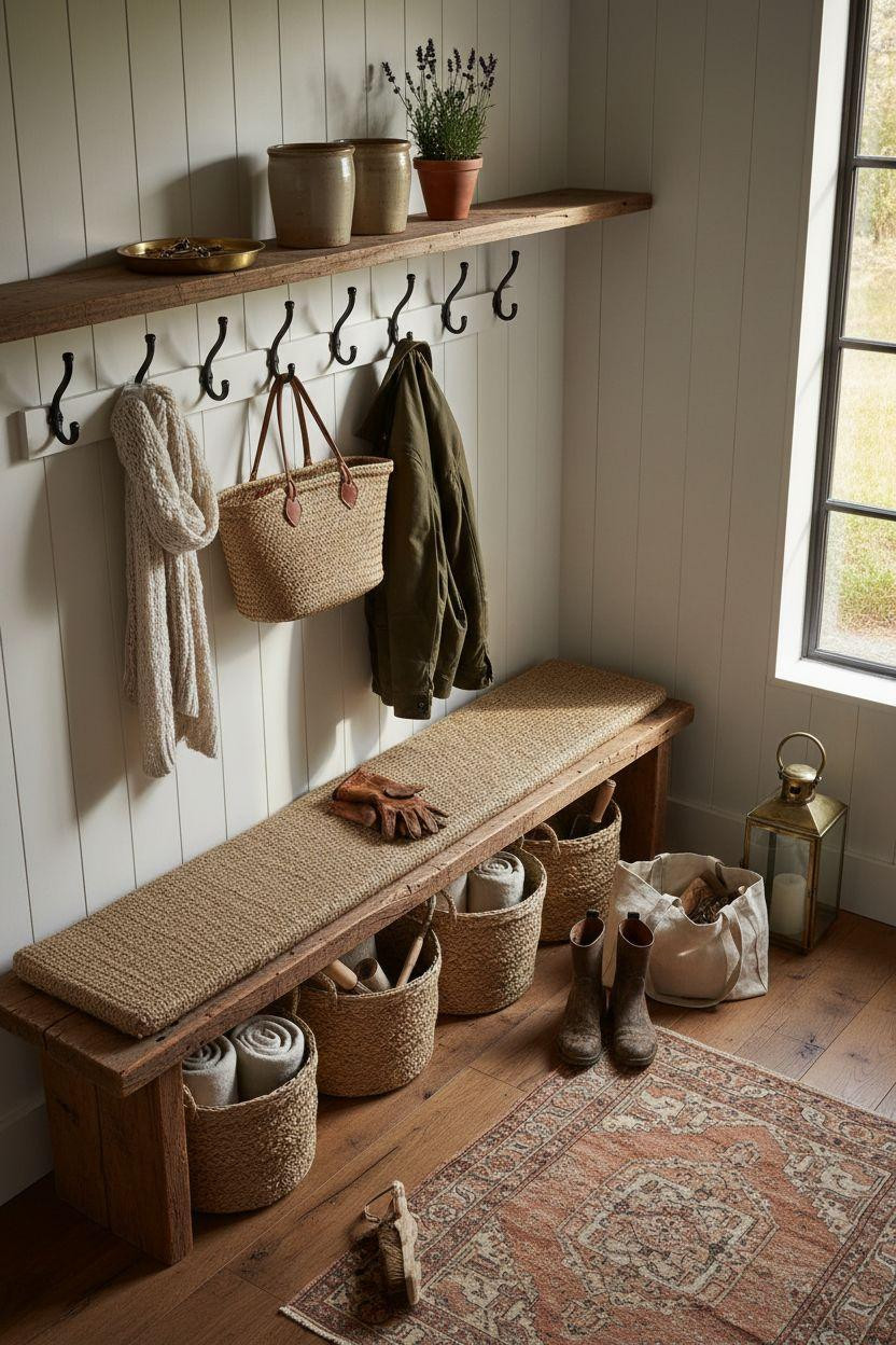 Mudroom Ideas Entryway featuring reclaimed wood and vintage textiles
