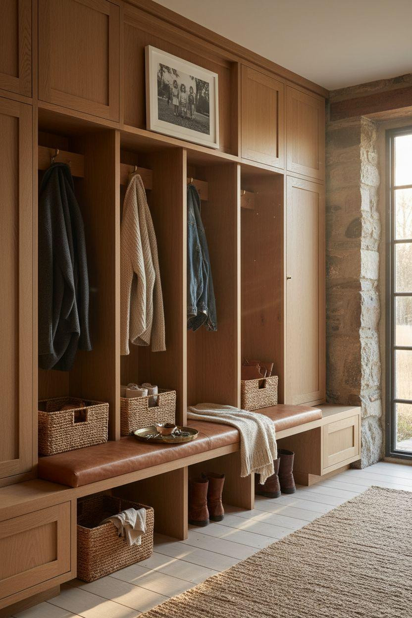 Mudroom Ideas Entryway with numbered storage cubbies and leather seating
