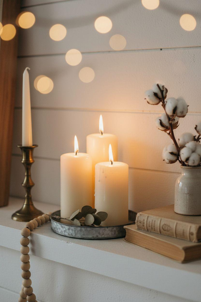 Farmhouse shiplap mantel with pillar candles and vintage styling
