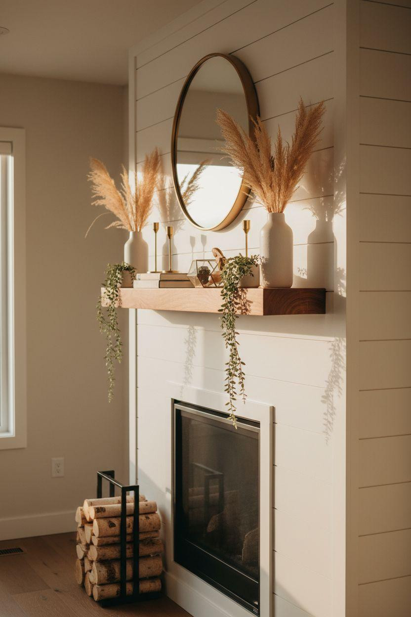 Fireplace Mantle Decor Ideas - symmetrical brass mirror mantle