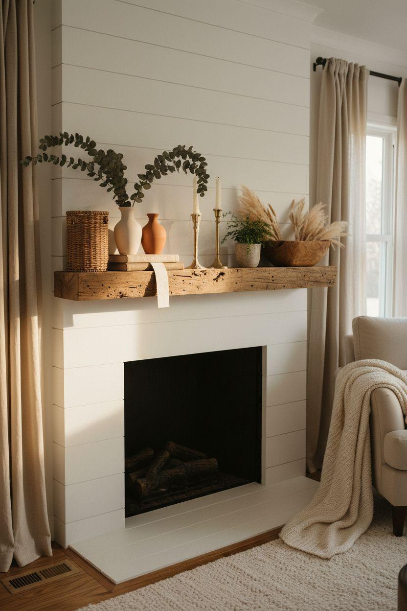 Fireplace Mantle Decor Ideas - cream and terracotta cozy styling