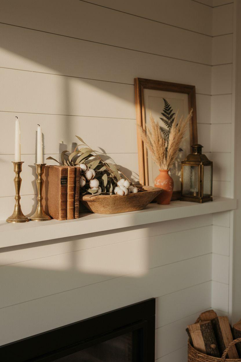 Fireplace Mantle Decor Ideas - vintage brass farmhouse styling