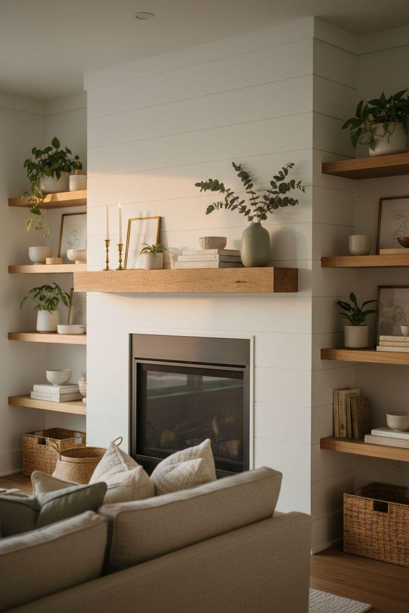 Fireplace Mantle Decor Ideas - oak mantle with floating shelves