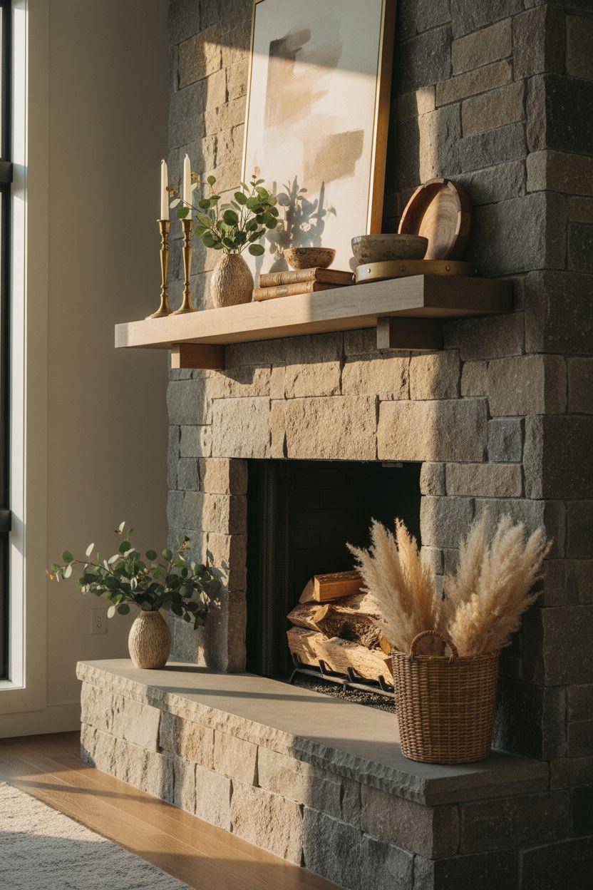 Fireplace Mantle Decor Ideas - stone fireplace with brass accents