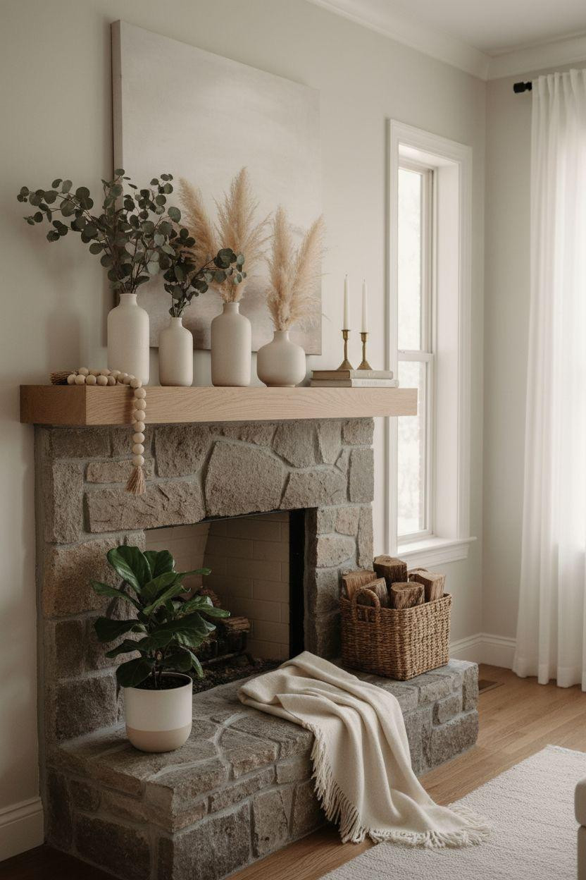 Fireplace Mantle Decor Ideas - natural stone hearth with botanicals