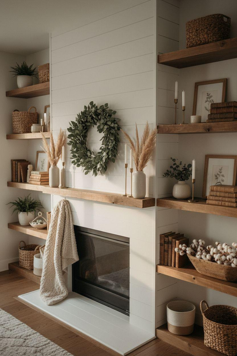 Fireplace Mantle Decor Ideas - farmhouse shelves and greenery