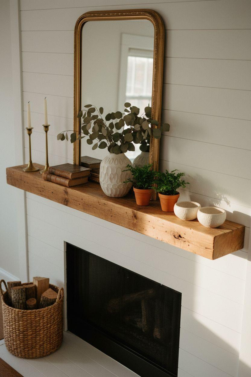 Fireplace Mantle Decor Ideas - reclaimed wood with layered decor