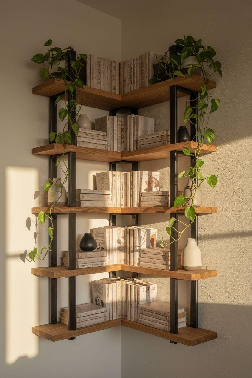Corner bookshelf - floating oak shelves with black metal brackets