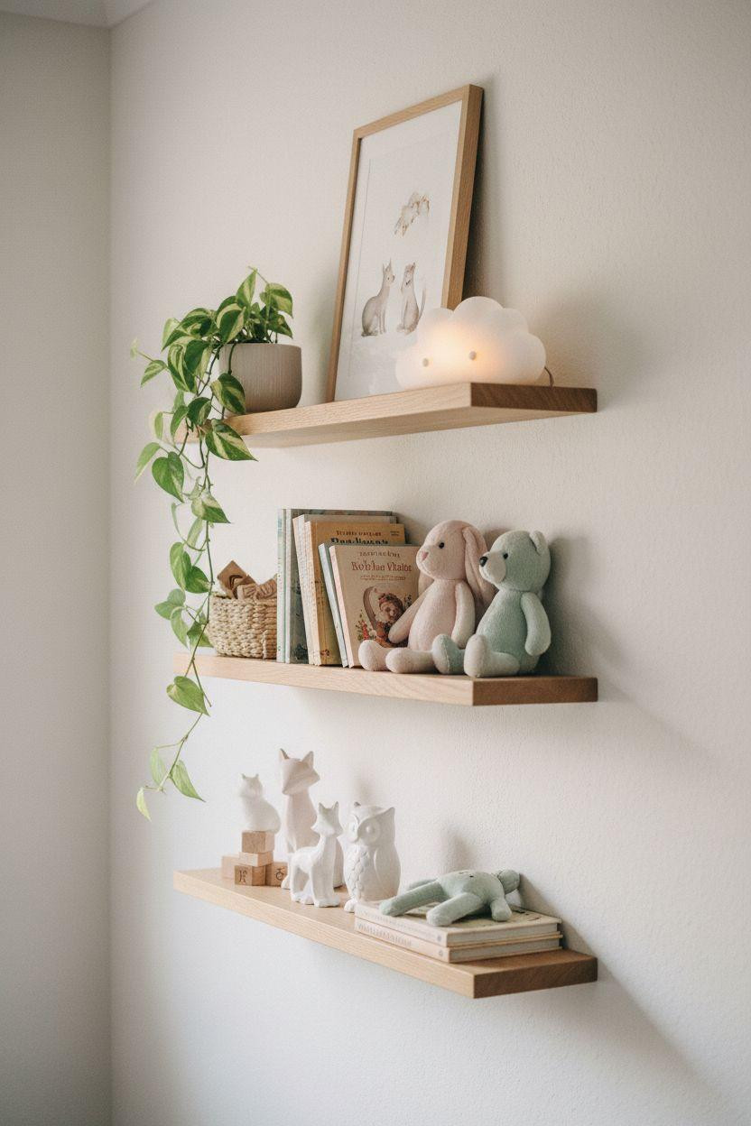 Nursery Bookshelf with floating oak shelves and pastel decor