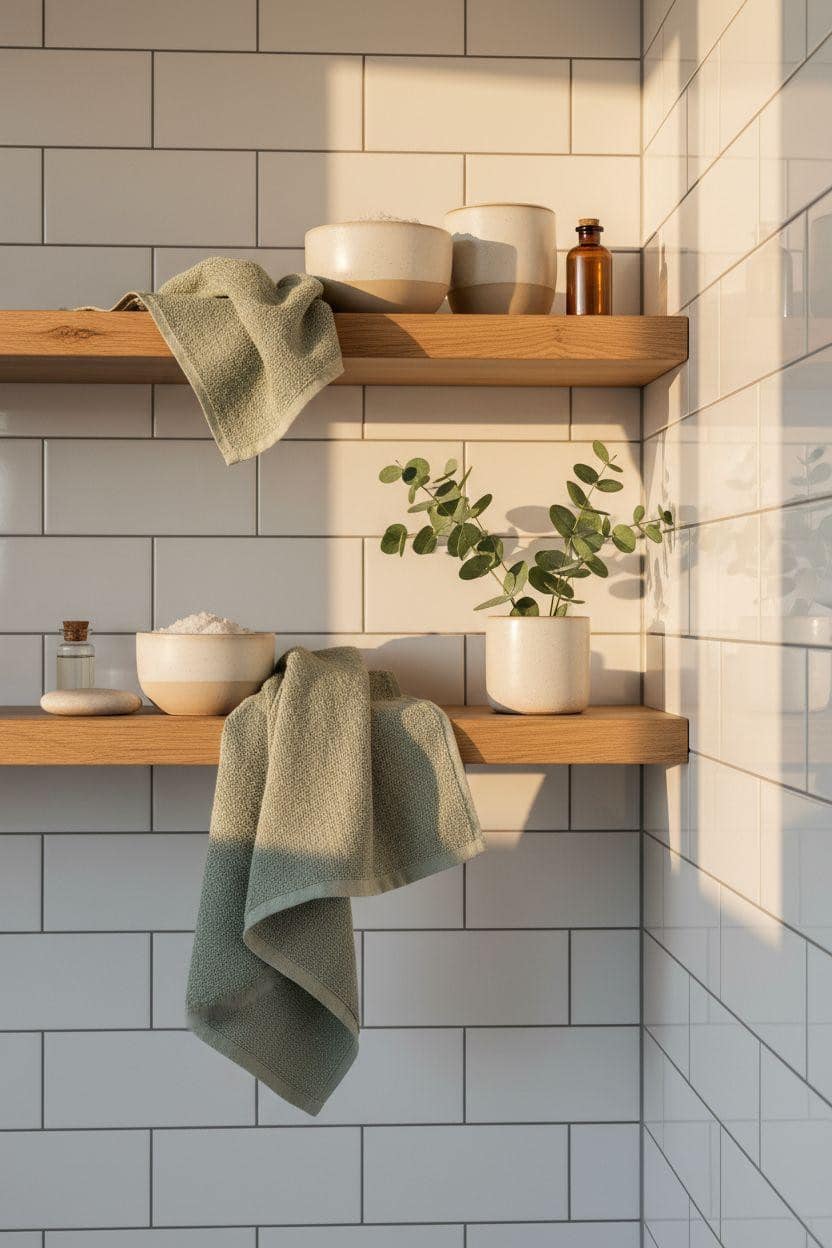 Bathroom Shelf Ideas - oak shelf with spa items
