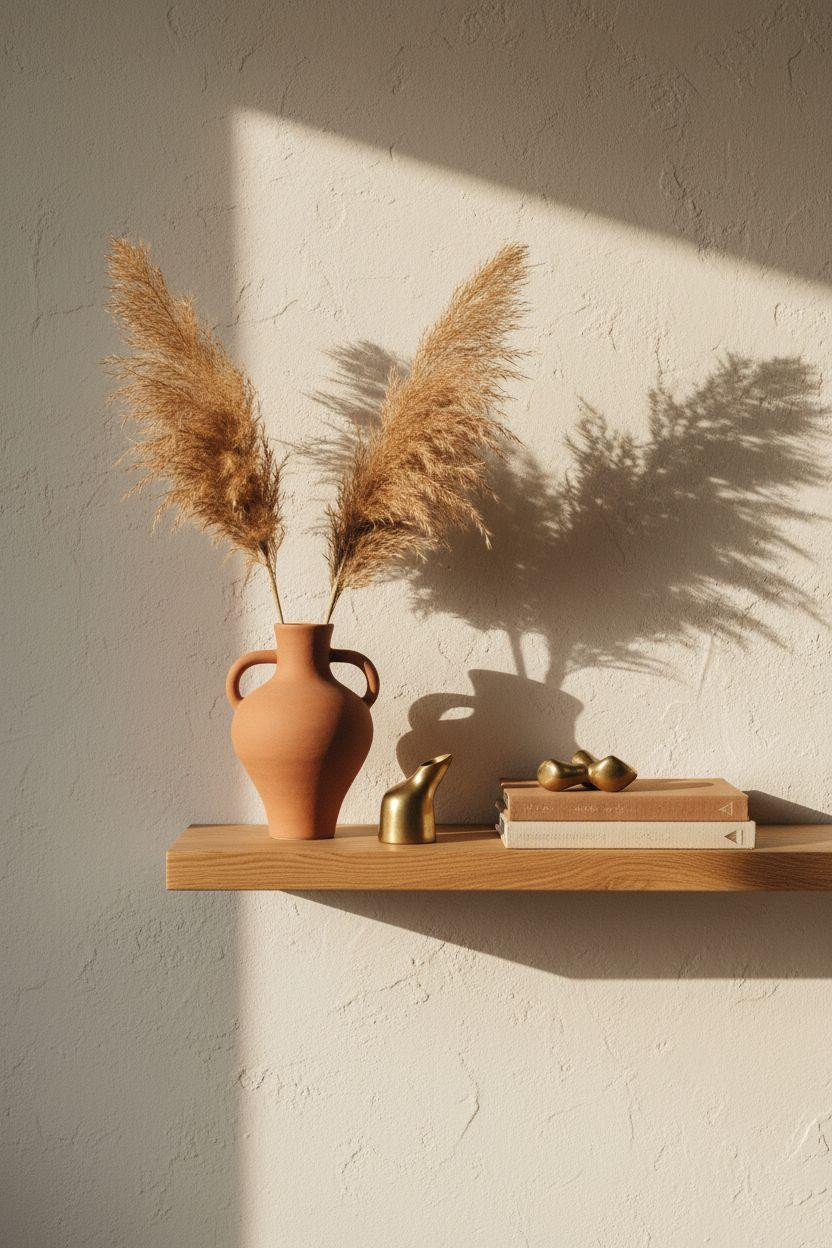 Shelf Decor Living Room - minimalist oak shelf with pampas grass and brass sculpture