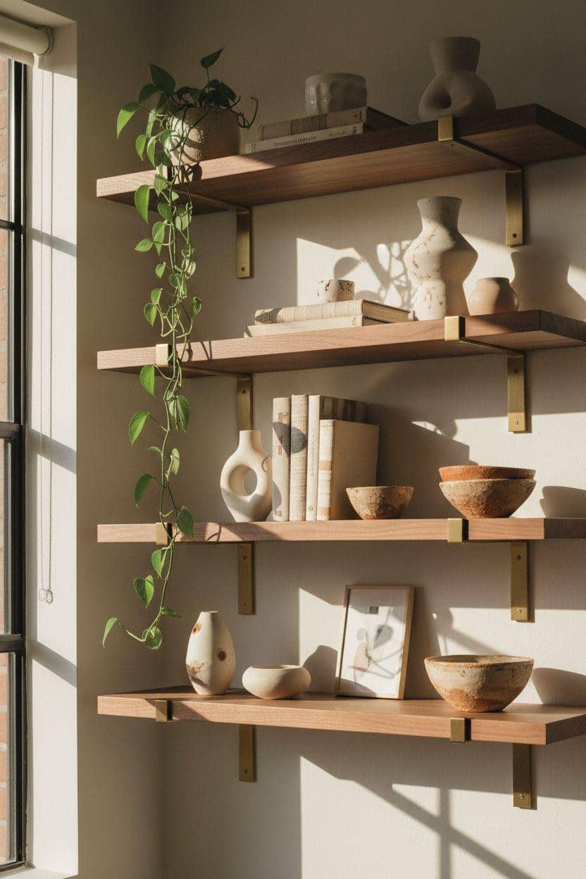 Shelf Decor Living Room - walnut floating shelves with curated pottery and brass accents