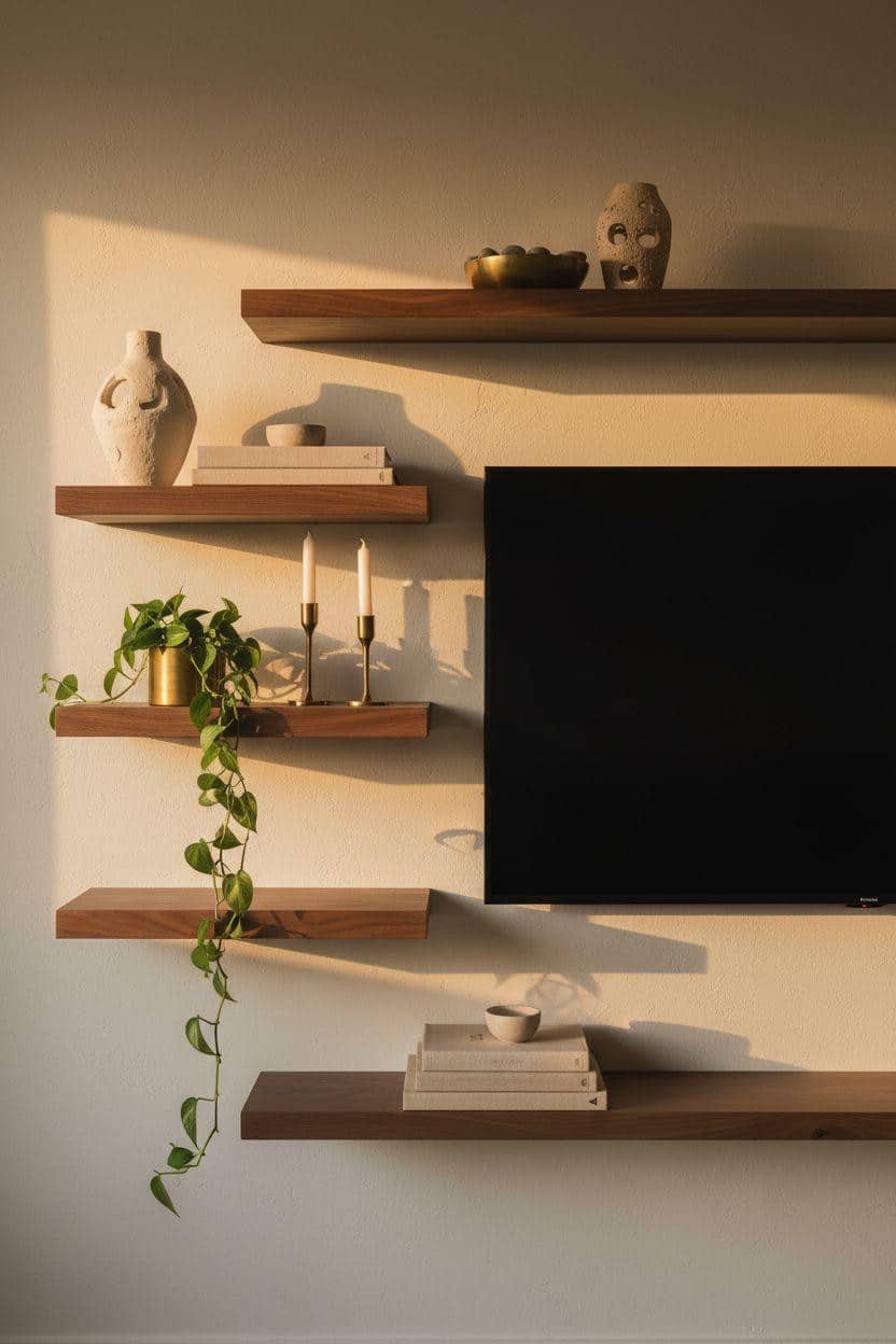 Shelf Decor Living Room - floating walnut shelves flanking TV with pothos vine and brass accents