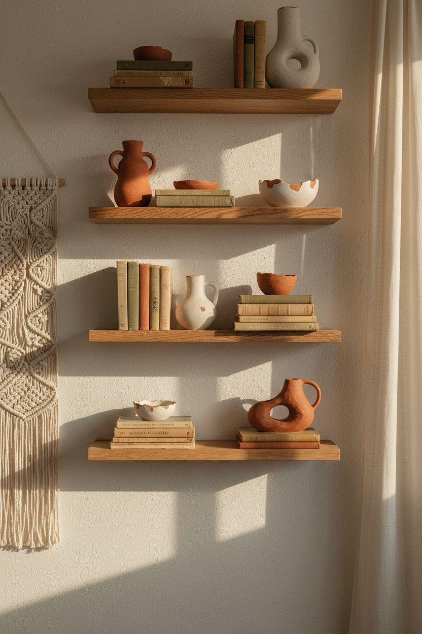 Shelf Decor Living Room - floating oak shelves with sculptural ceramics and macramé hanging