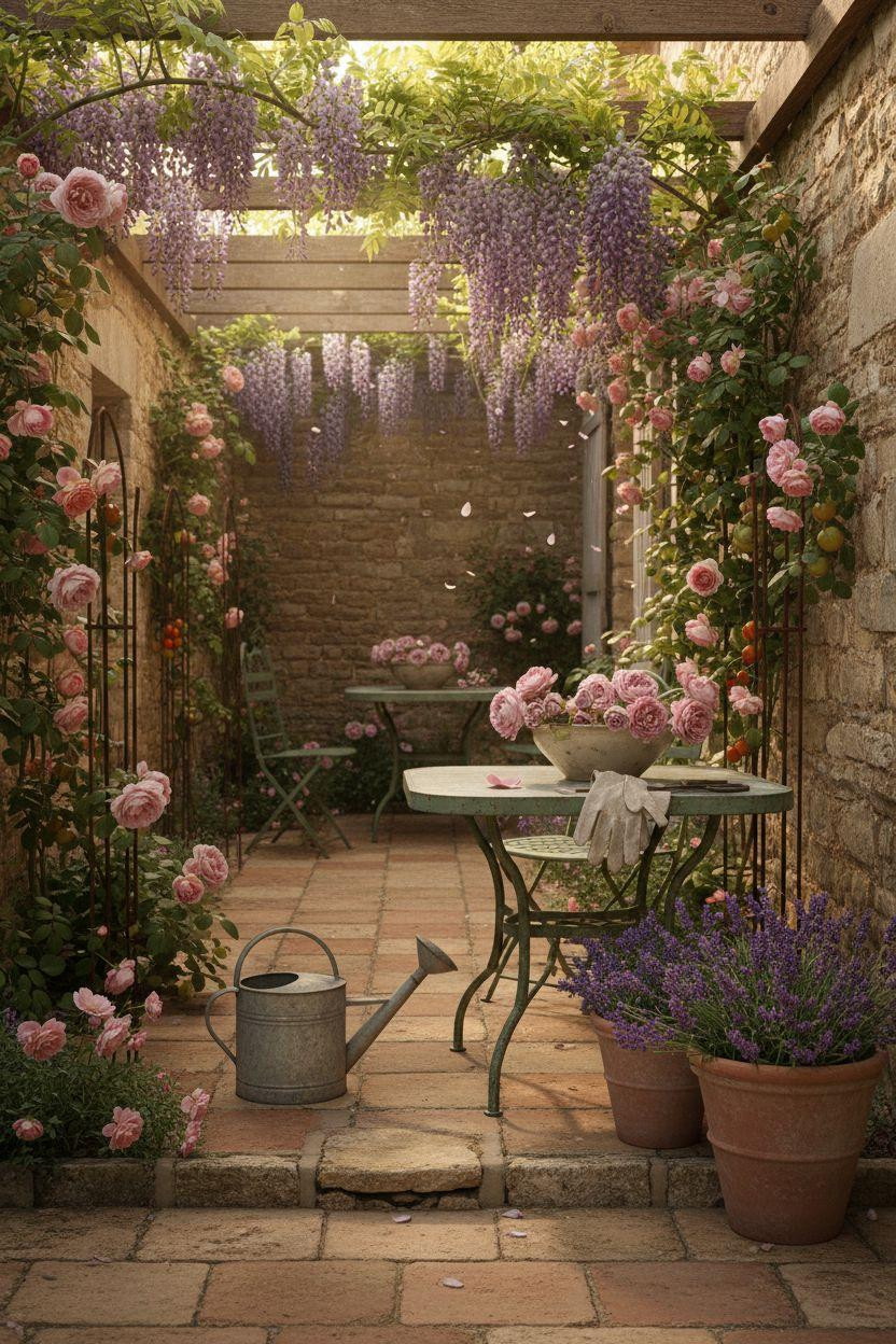 Cottage Garden French courtyard with bistro table